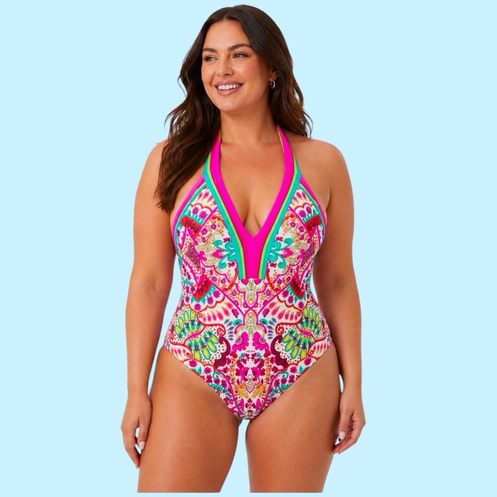 TRINA TURK Hawaiian Garden Border Halter One Piece Pink White Swimsuit 12 ($172)
